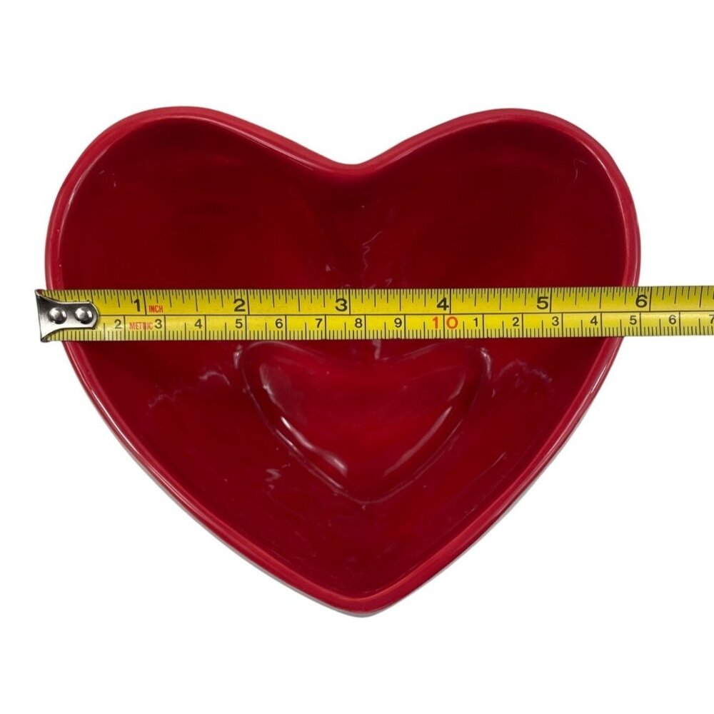Heart-Shaped Ceramic Bowl With Multicolor Stripes Red Interior 6" Diameter - Picture 11 of 13